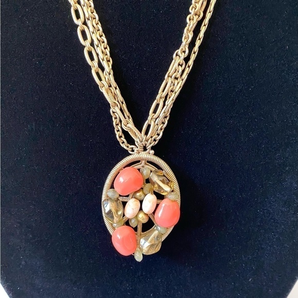 Necklace Pendant Acrylic Bead Work Light Gold Tone Multi Chains Chunky - Picture 8 of 12